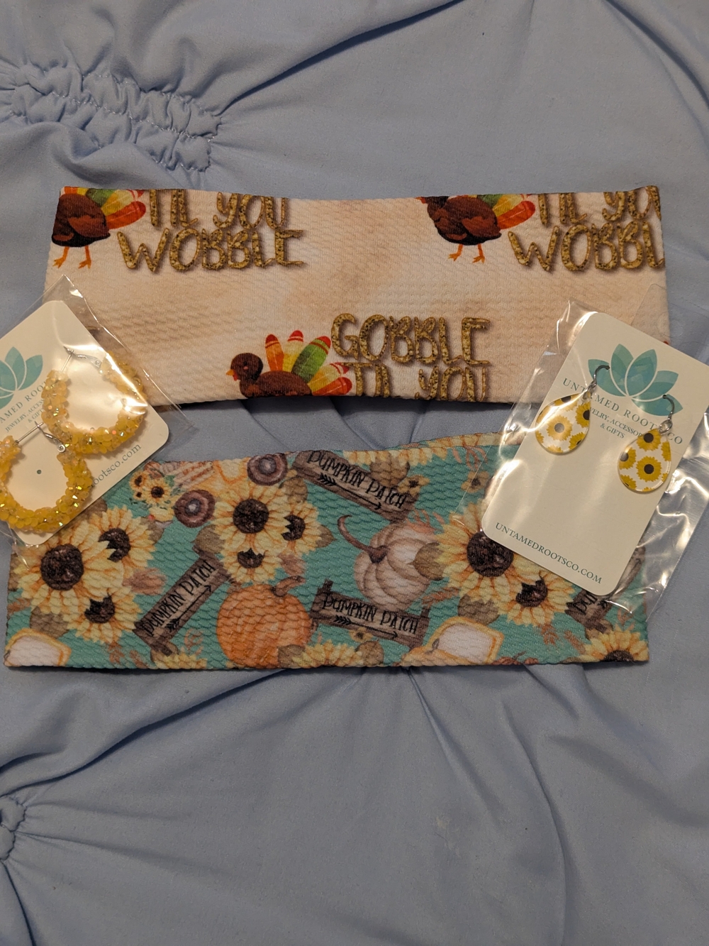 Seasonal Knotted Headbands with Sunflower & Turkey Prints - Yellow/Beige